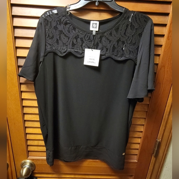Anne Klein Black Boxy Embellished Short Sleeve Blouse 1X - Picture 1 of 6